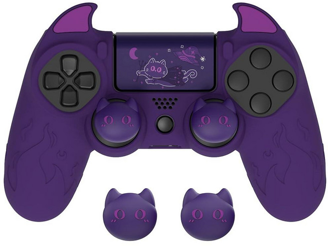 PlayVital Cute Demon Controller Skin for ps4 with Thumb Grips & Stickers Kawaii Anti-Slip Silicon, 퍼플