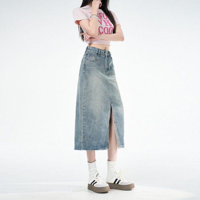 經典休閒高腰開叉牛仔裙女