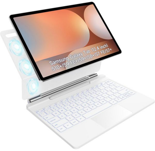 HOU 키보드 (삼성 갤럭시 탭 S10+ 플러스/S9+ 플러스/S9 FE+ 플러스/S8+ 플러스/S7+ 플러스/S7 FE 12.4인치용 자석 케이스 플로팅 캔틸레버 다기능, for Samsung Galaxy tab 12.4", White