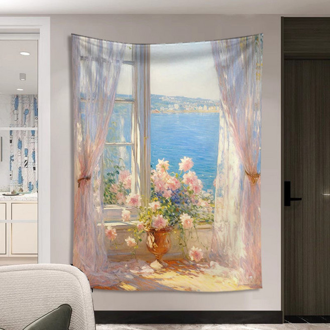 臥室背景布 印象派油畫豎版掛布 房間裝飾遮醜布 床頭裝飾布, 印象派 豎版06,高1米寬0.7米送安裝包