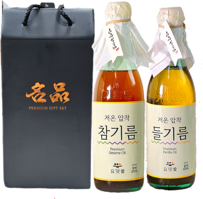 요맛애 저온압착 참기름+들기름 350ml 2개번들 선물세트 통참깨 100% 방앗간, 2개