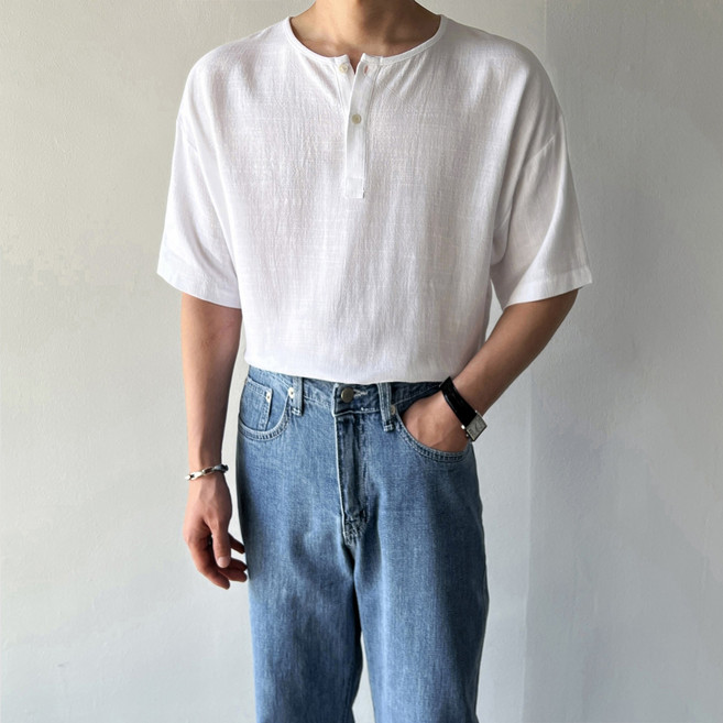 웨일즈 쿨 벤틸 시원한 2버튼 린넨 헨리넥 반팔 셔츠 (4 Color) 95~105