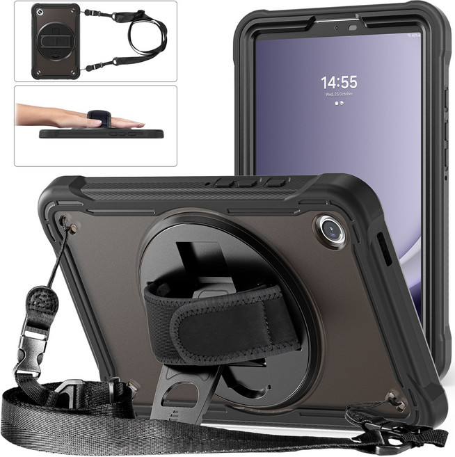 호환 갤럭시 탭 A9 8.7" SM-X110/SM-X115/SM-X117 케이스 펜 홀더 전신 낙하 방지 360° 회전 핸드 숄더 스트랩, 05