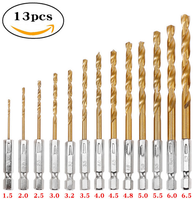 육각 드릴비트 세트 13PCS 1.5~6.5mm HSS 티타늄 코팅 전동드릴 비트, 1세트