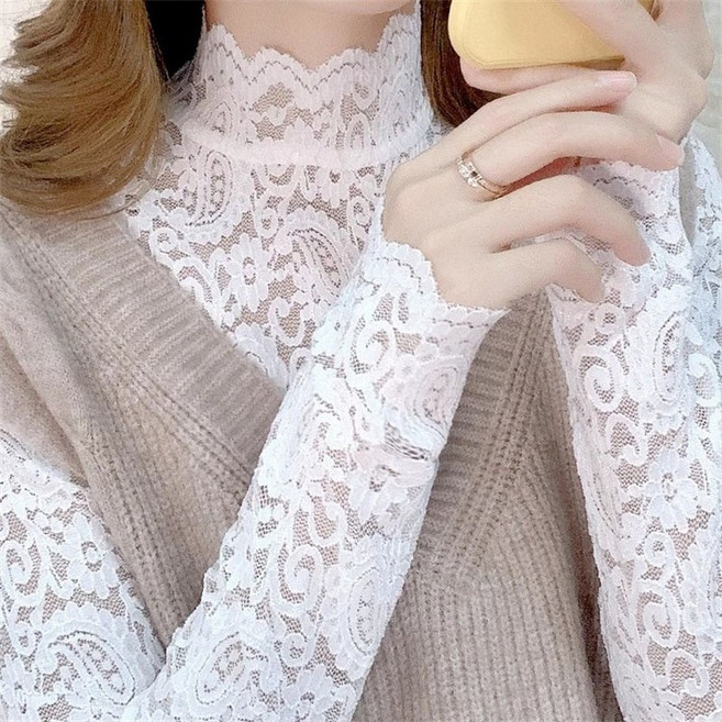 AOKADA 여성 가을 겨울 목폴라 레이스 망사 긴팔 이너 티셔츠