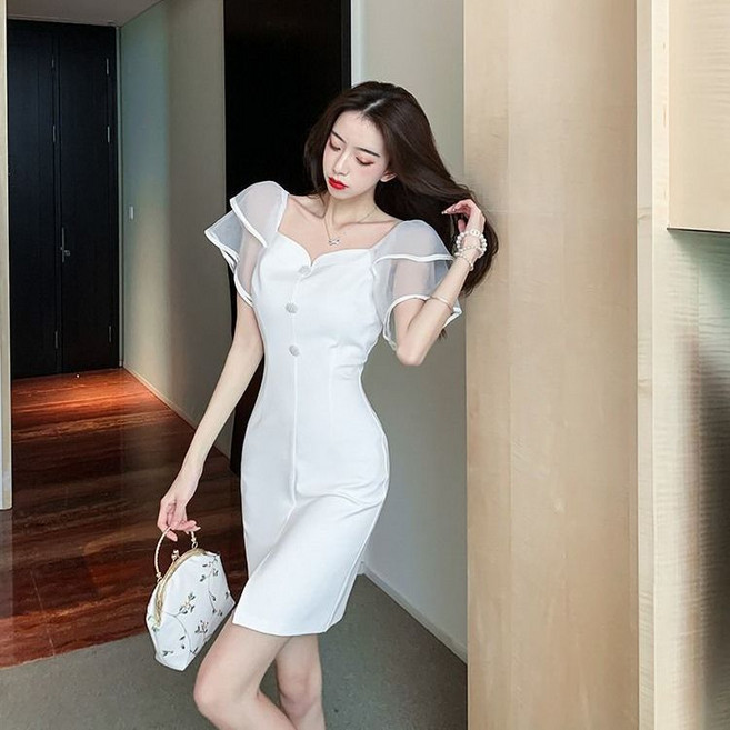 COSYEVNO 여성 일자 숄더 이중 망사 패치 섹시 무드 드레스 숏 스커트