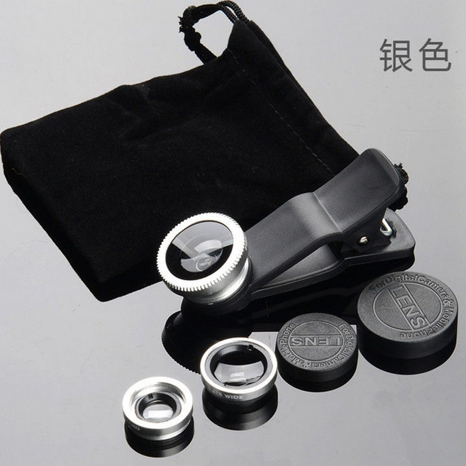 手機廣角鏡頭 手機微距鏡頭 手機魚眼鏡頭 三鏡頭組, 流光銀【鏡頭配送絨布袋+夾子】, 1個