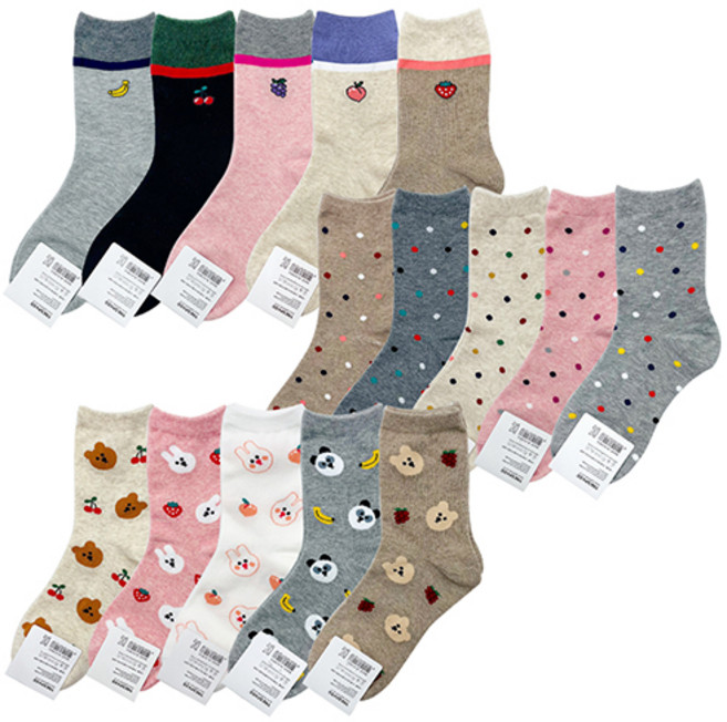 여성 패션 캐릭터 도트 과일 귀여운 중목 양말 5켤레 세트