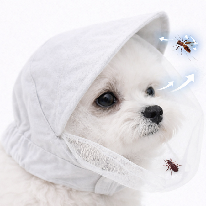 렛츠독 강아지 진드기 해충 방지 벌레 자외선 차단 망사 모자 페이스커버, 1개, 화이트메쉬