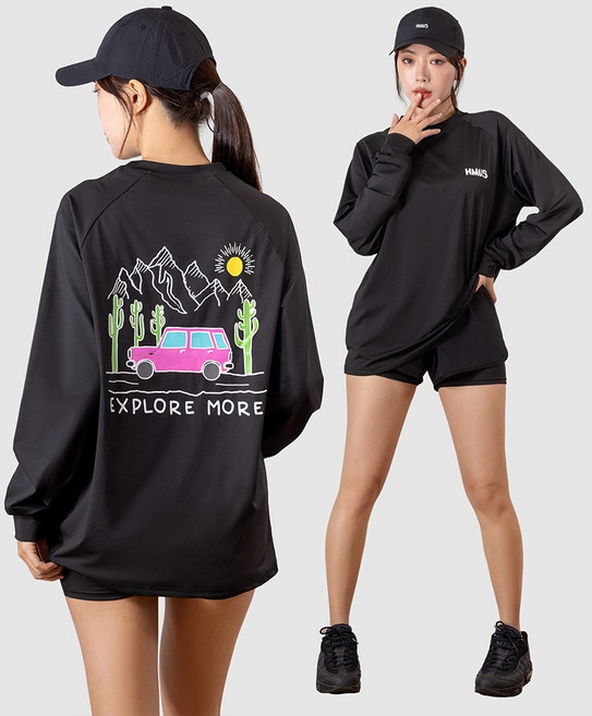 여자 루즈핏 래쉬가드 상의 + 일체형 레깅스 반바지 하의 자외선차단 수영복 비치웨어 세트