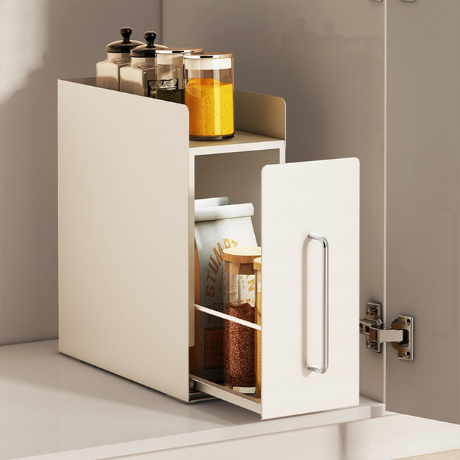 HK sell 미끄 슬라이딩 철제수납장 슬림 틈새수납 양념통 디귿 서랍, 1단, 화이트, 1개