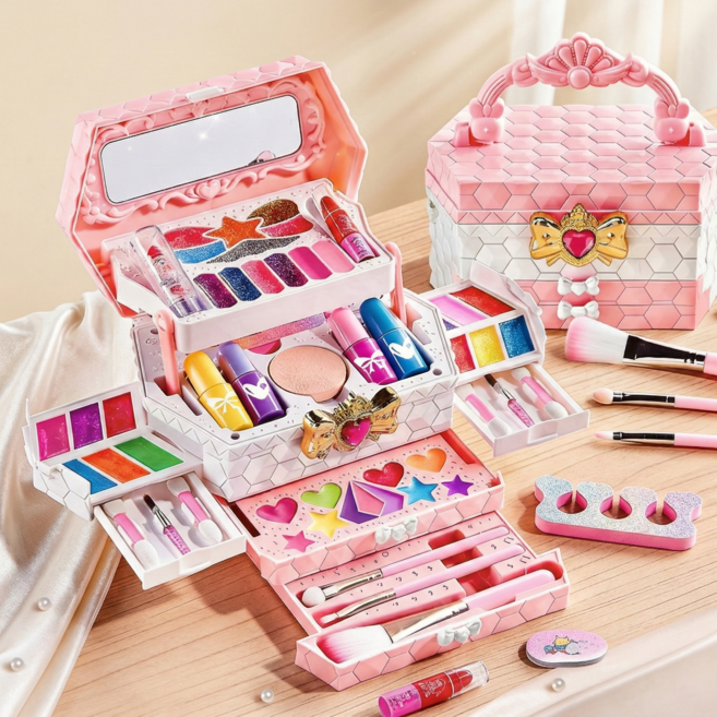어린이 화장놀이 메이크업 키트 공주 케이스 다층 수납 장난감 선물세트, 1세트, 핑크