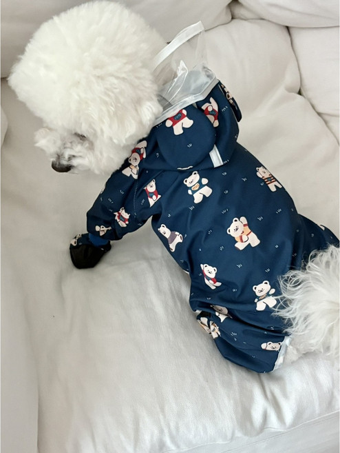 강아지 곰돌이 전신 올인원 우비 산책 장마 비옷, 네이비, 1개
