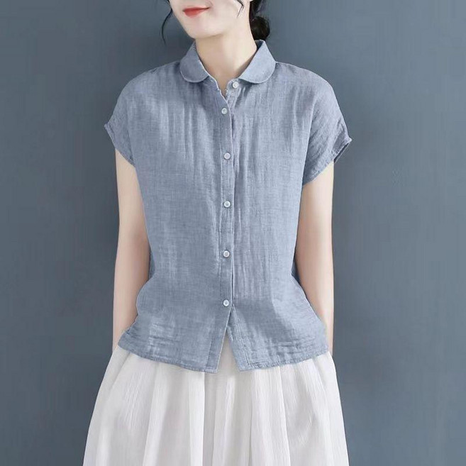 棉麻短袖翻領襯衫 夏季寬鬆顯瘦大碼女裝