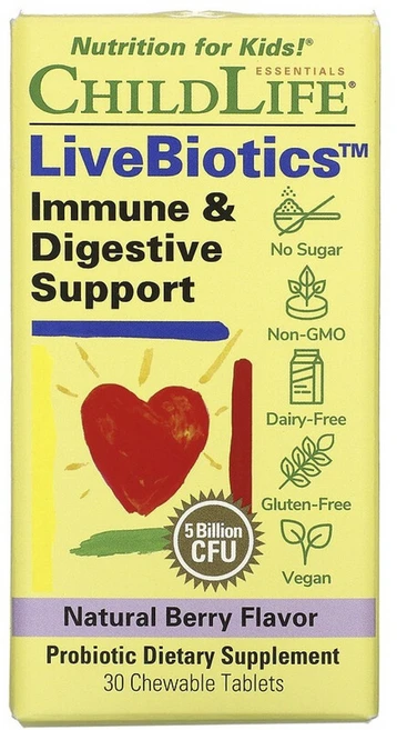 차일드라이프 라이브 바이오틱스 이뮨 & 다이제스티브 서포트 어린이 유산균 50억 CFU 내추럴 베리 츄어블 타블렛, 30개입, 1개, 30정 - 쿠팡