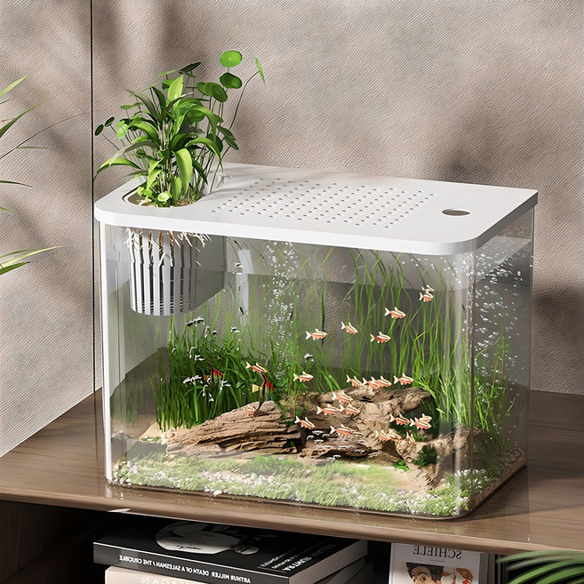 HK.sell 미니 아쿠아틱 안심 덮개 수조 어항, 화이트, 1개