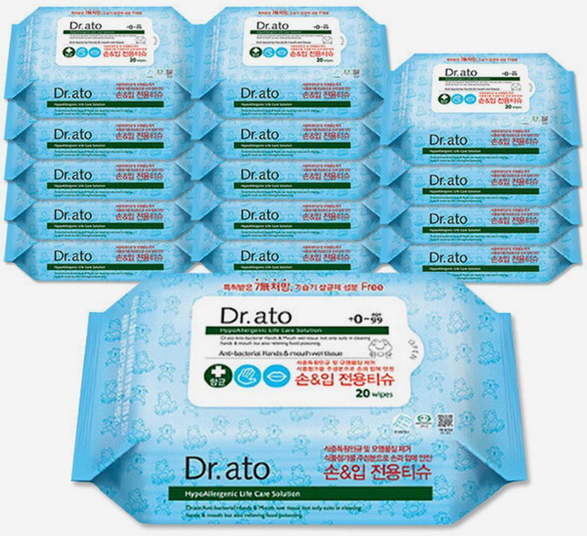 [20매X20팩] 닥터아토 순면 침독 유아 손입티슈, 60g, 20개입