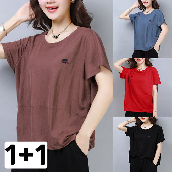 JUSTFEELING 2SET (1+1) 중년 엄마 반팔티 배꼽티 빅사이즈 캐주얼 상의 루즈핏 데일리 박시티 여름용 4050대 라운드 엄마옷 반팔 티셔츠 ~4XL까지