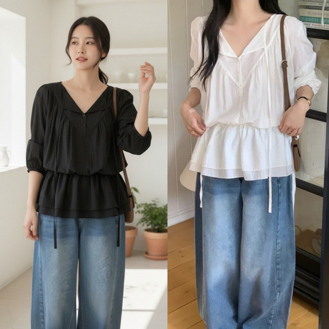 핏몬 여성 루즈핏 브이넥 셔링 리본 롱 블라우스