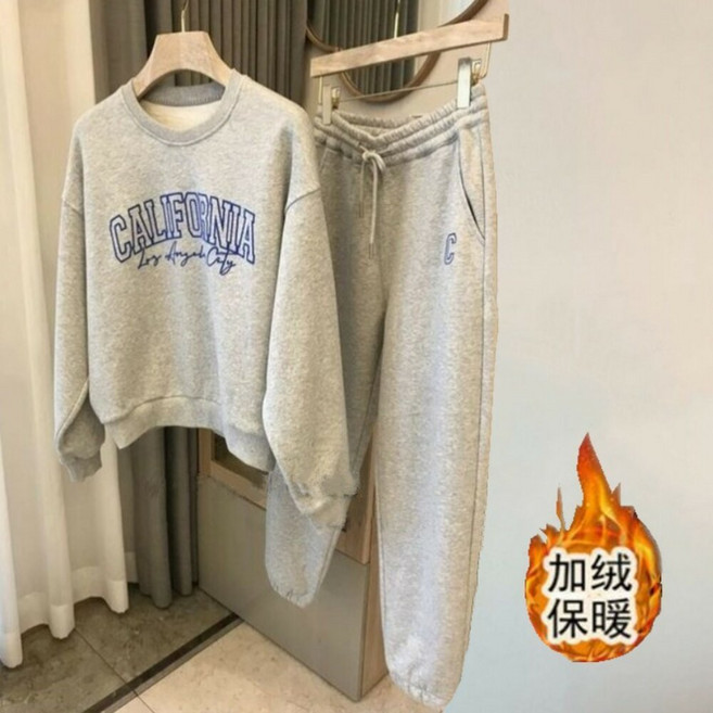 秋冬加絨運動套裝女｜內刷毛加厚衛衣+長褲兩件組｜休閒健身穿搭｜防寒保暖 a0060