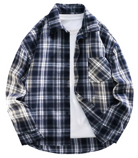 LARGE STORE 韓版法藍絨磨毛格紋長袖襯衫 男生襯衫 格子襯衫 男生上衣 休閒襯衫 有大尺寸