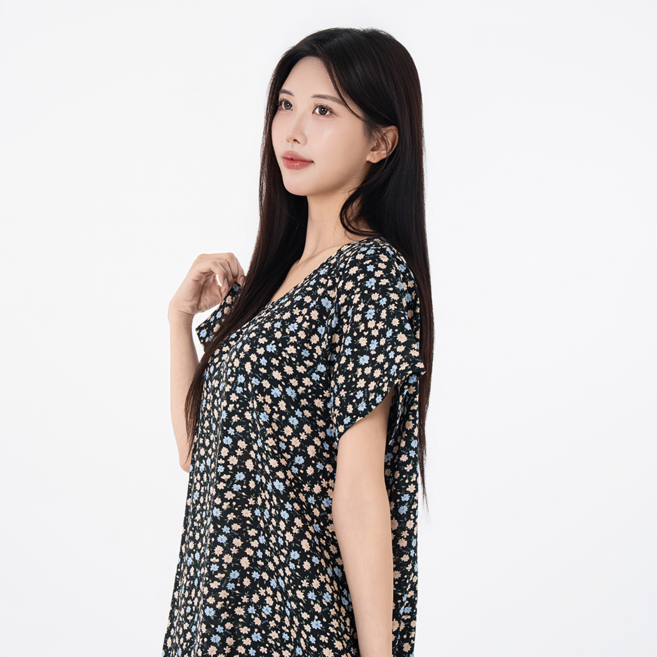 시크나인 아사면 반팔 원피스 잠옷 플라워 여름 홈웨어 빅사이즈