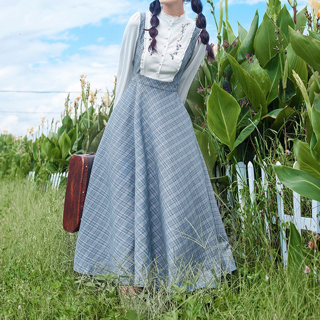 (대여) 교복몰 그레이블루 체크 레트로 차이나넥 A라인 롱원피스