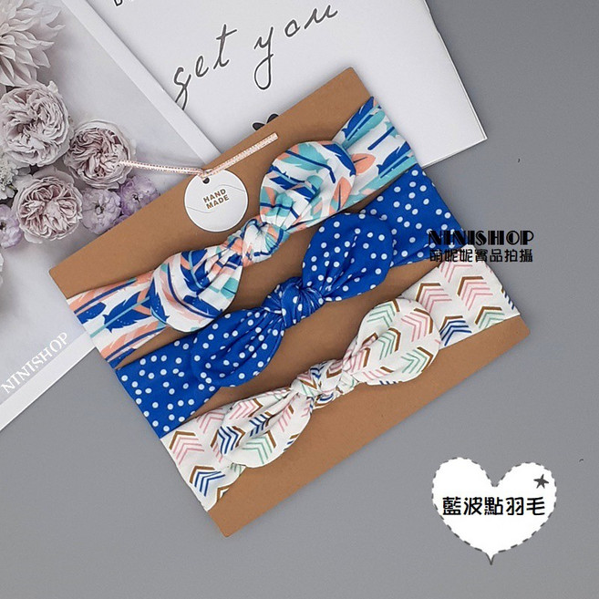 NINISHOP 寶寶髮帶3入組 歐美風兔耳朵造型 嬰兒兒童彈性棉質頭飾