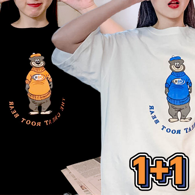 1+1 여성 남자 여름 루즈핏 오버핏 반팔 프린팅 귀여운 곰돌이 티셔츠 맨투맨 비니곰돌이반팔티셔츠