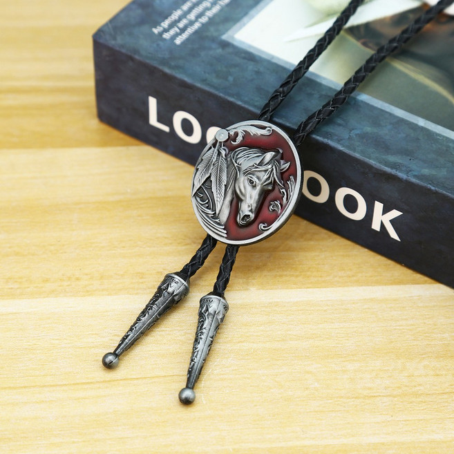 西部牛仔波洛領帶 馬頭滴油鋅合金皮質領結, 紅色, 1個