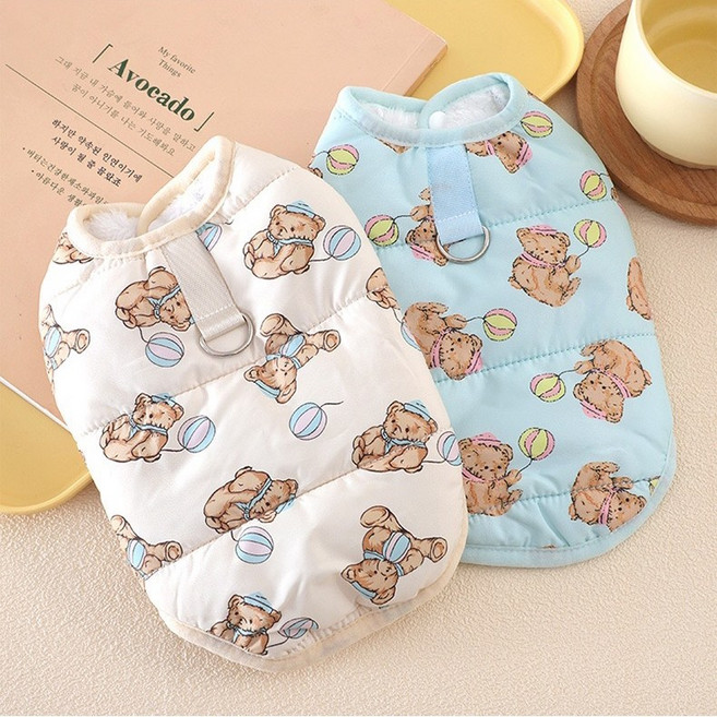 멍케어 강아지 경량패딩 곰돌이 하네스 겨울조끼, 1개, 스카이블루베어