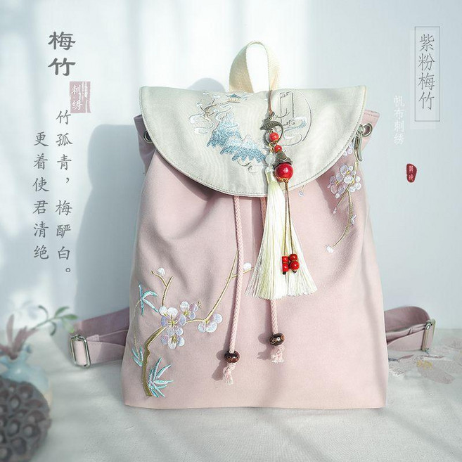 刺繡帆布雙肩包 復古中式民族古風, 淡紫粉梅竹刺繡