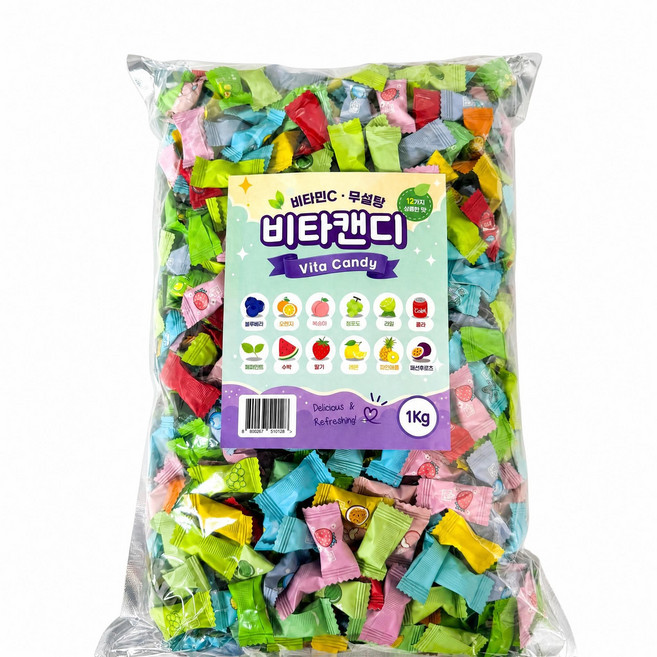 비타캔디 12가지 상쾌한 맛 무설탕 민트 사탕 대용량 개별포장, 1개, 1kg
