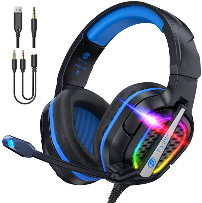 파치시 게이밍 헤드셋 유선 노이즈 캔슬링 마이크 FC200, 블랙 블루