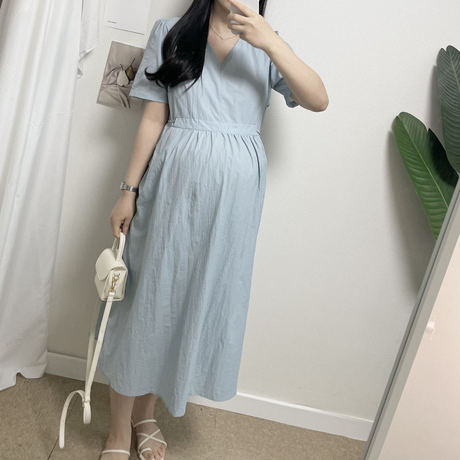 브이넥 스트링 바스락 절개선 루즈핏 롱 여름 태교여행 만삭 임부복 임산부원피스