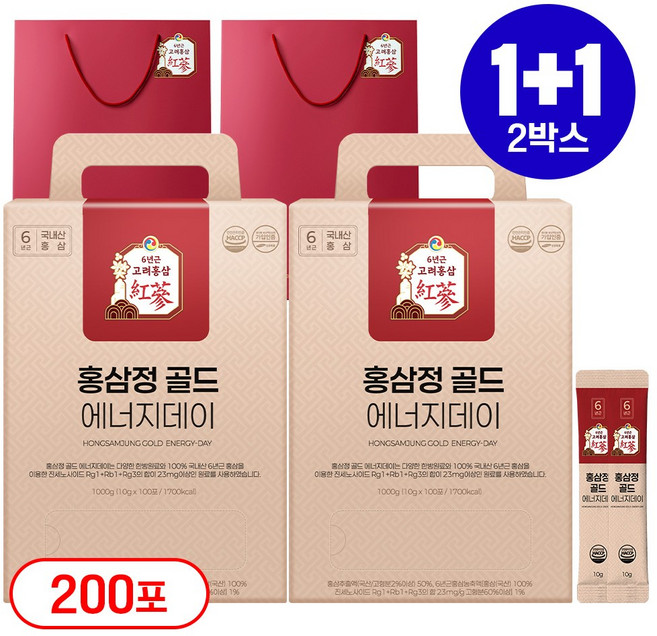 1+1 홍삼정 골드 6년근 프리미엄 100회분 대용량 쇼핑백 선물세트 에너지데이, 2개, 1L