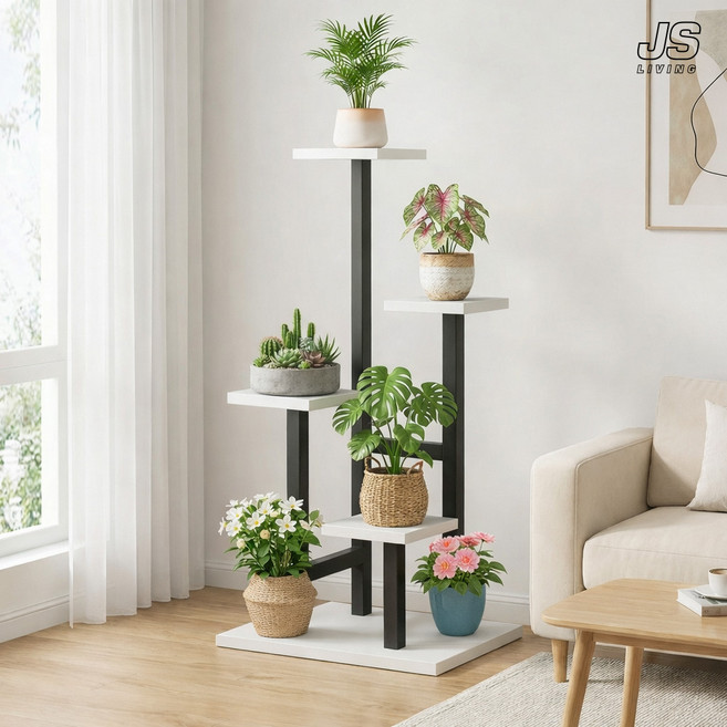 JS리빙 거실 인테리어 화분 받침대 4단 실내 스탠드 식물 정리대 선반 대형 철제 테라스 화분랙 다이 블랙 화이트 베란다 다육이 화분 선반대 @VM$WF0506_EWF, 화이트&블랙