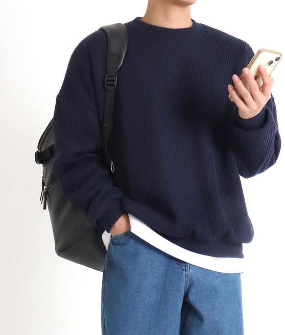 지지블랙 로먼 오버핏 골지 라운드 니트 맨투맨 빅사이즈