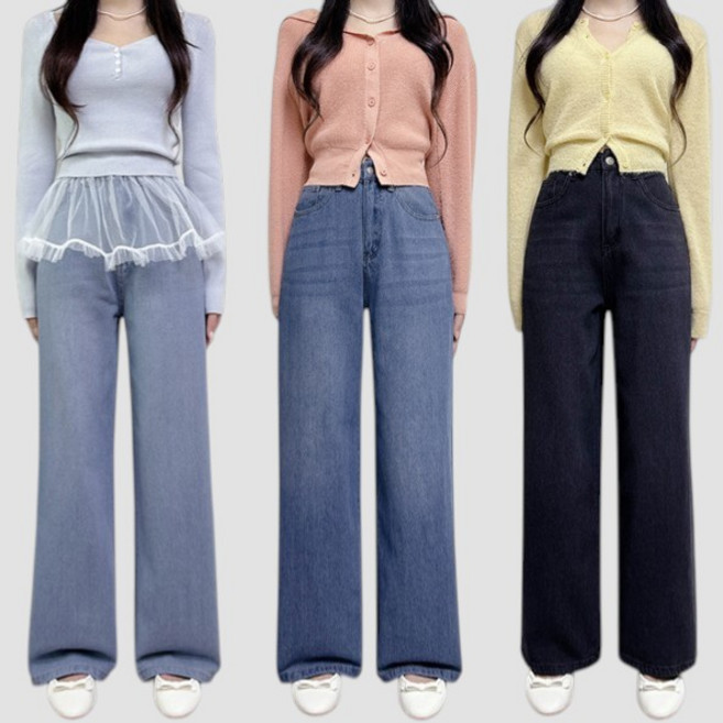 제이엠스타일 [숏 롱/S~2XL] 봄~여름~가을~여성 마 데님 와이드 팬츠 여자 린넨 청바지 빅사이즈 바지 키작녀 키큰녀