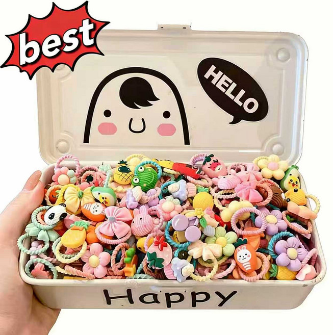 40개 랜덤 대용량 유아고무줄 어린이 여아 안아픈 머리끈 작은 아기고무줄 무매듭 귀여미캐릭터머리끈 랜덤발송