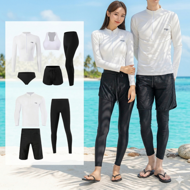 인플리에 커플 래쉬가드 상하의 풀세트 화이트 수영복, 여자