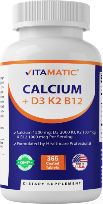 비타매틱 칼슘 보충제 1 200mg 비타민 D3 2 000 IU K2 100mcg B12 1 000mcg 365정, 1개