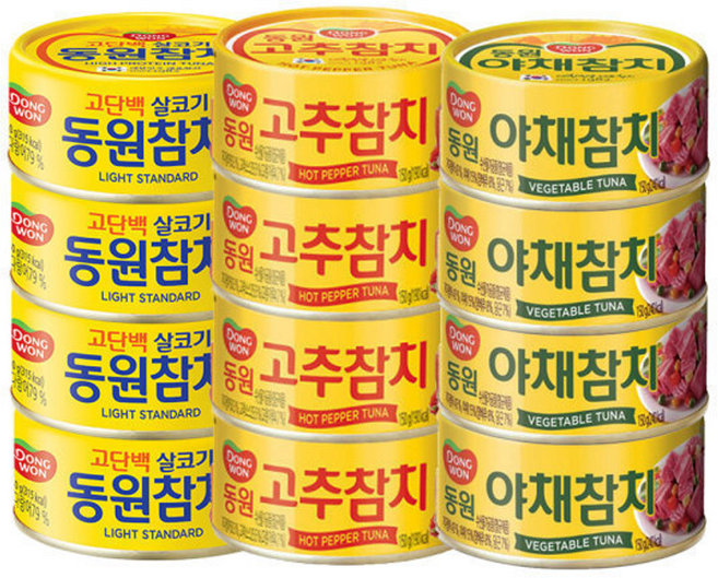 동원 라이트스탠다드 150G 4캔 +고추참치 150G 4캔 + 야채참치 150G 4캔, 12개