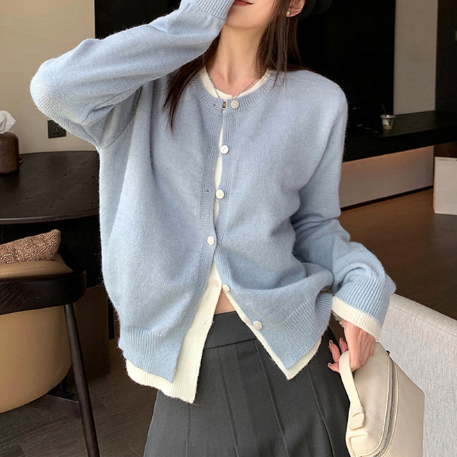 플랜와이 여성 코지 레이어드 투톤 니트 가디건