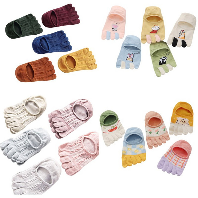 여성발가락양말 쫀쫀하고 얇은 컬러 캐릭터 발가락덧신 페이크삭스 5켤레세트