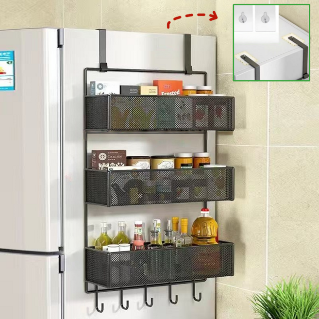 주방 수납용품 다용도 3단 수납선반 후크걸이 틈새수납함 냉장고 세탁기 옷장 거치대 가정용 냉장고 측면 다층 벽걸이선반주방, 1개, 블랙