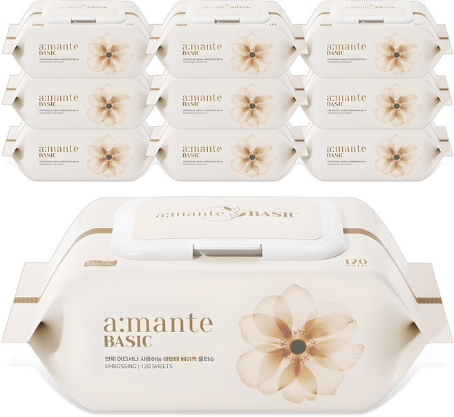 아망떼 베이직 엠보싱 물티슈 캡형, 40g, 120매, 10개