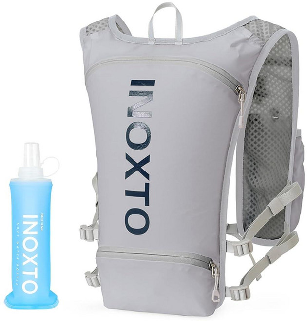 INOXTO 러닝 하이드레이션 조끼 하이킹 트레일 사이클링 레이스 마라톤을 위한 250ml 소프트 플라스크 데이팩이 포함된 경량 단열, Gray, Standard, 그레이 다크 블루