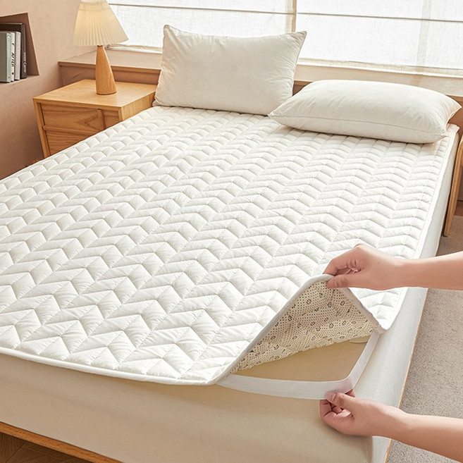 LINSHU 순면 소프트 누빔 침대패드 고정밴드형 사계절, 화이트