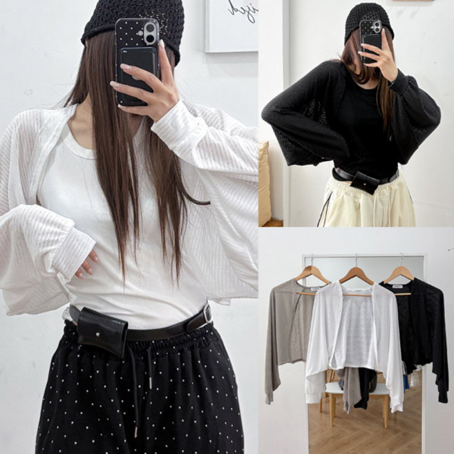 여성 오버핏 오픈 줄지 시스루 가디건 잔 스트라이프 볼레로st 크롭 숏 카디건